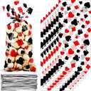Sumind 100 Pieces Casino Party Cellophane Treat Bags, Black Red Las Vegas Poker Plastic Candy Goodie Bags with 100 Silver Twist Ties for Casino Themed Poker Birthday Party Supplies