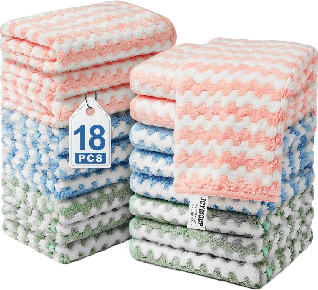 JOYMOOP 18 Pack Microfiber Cleaning Cloth, Kitchen Towels for Dish Drying Washing, Absorbent Streak Free Lint Free Rags for Cleaning, Reusable and Washable Towels - 10" x 10" (Mixed [Pink+blue+green])