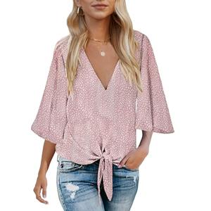 Cute Tops for Women Trendy Going Out Batwing Sleeve Floral Boho Tie Front Shirts Chiffon Blouses, XL