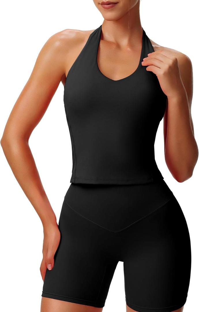 Aoxjox Women's Sleeveless Hailey Halter Tank Tops Workout Athletics Gym Yoga Curve Longline Crop Top (Large, Black)