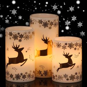 Christmas Flameless Candles with 6H Timer, Real Wax LED Pillar Candles Flickering, Snowflake Golden Reindeer 3D Wick Candles for Home Dcor Christmas Gifts, 3x4/5/6 inches