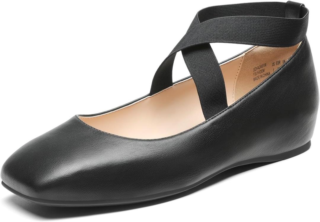 DREAM PAIRS Women's Ballet Flats, Comfortable Slip-On Square Toe Dress Shoes with Elastic Ankle Straps (9.5, Black-pu)