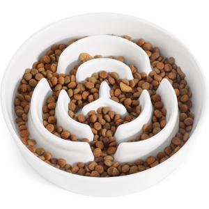 Ceramic Slow Feeder Dog Bowls,2.0 Cups Slow Feeder for Medium Breed,Puzzle Dog Food Bowl to Slow Down Eating, Anti-Gulping, Stop Bloat,Preventing Choking,8in,White