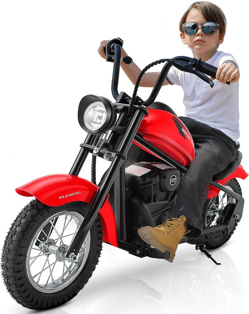 ELEMARA Electric Dirt Bike, 15 mph & 150lb Max, 24V Ride on Toy for Big Kids w/LED Lights & Power Display,Chain-Driven Motor,Twist-Grip Throttle, Shock Springs,Handbrake,12" Air-Filled Tires-Red, Large