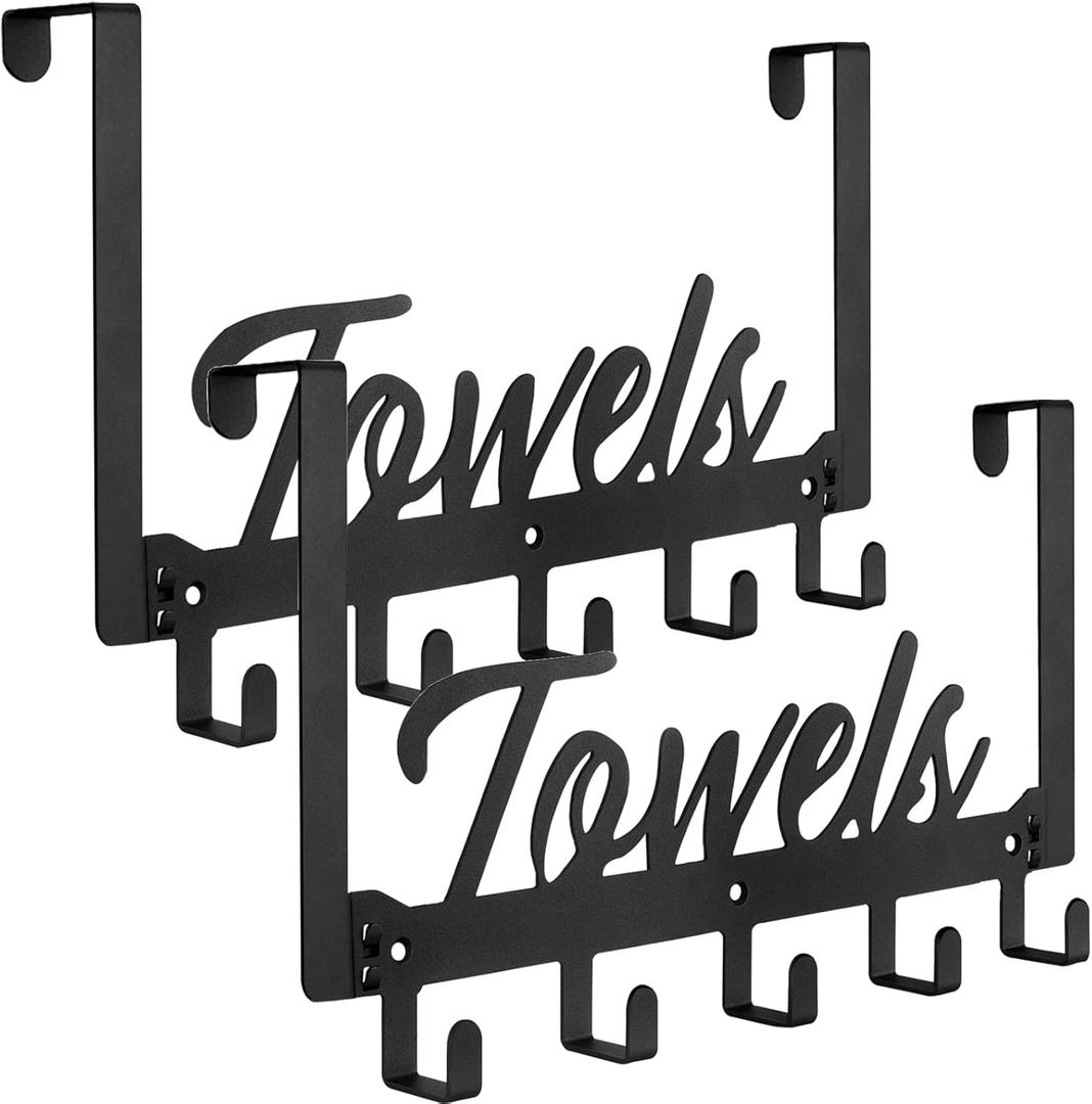 Azmoncy 2 Pack Over The Door Hooks, Heavy Duty Over Door Towel Hanger with 10 Coat Hooks for Bedroom, Bathroom, Kitchen Towels, Bags, Hats (Black)