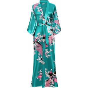 BABEYOND Women's Kimono Robe Long Satin Robes with Peacock and Blossoms Printed Kimono Nightgown (Dark Green) One Size