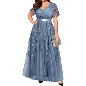 Pinup Fashion Plus Size Formal Dresses - Evening Gowns Wedding Sequin Embroidery V-Neck Prom Long Dress, Size 18 W