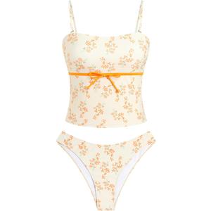 ZAFUL Tankini Swimsuits for Women Bow Tie Side Bathing Suits Tummy Control High Cut Two Piece Bikini Sets (Small, 2-flower-yellow)