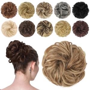FESHFEN Messy Bun Hair Piece - Wavy Synthetic Chignon Scrunchies for Instant Volume, Elastic Bun Ponytail Hair Extensions Thick Hairpieces for Women, Light Brown & Mixed Blonde 1.50 oz