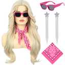 Bettecos Long Blonde Cosplay Wig for Women with Bandana Sunglasses and Earrings Middle Part Blond Wavy Synthetic Hair Wigs for Womens Costume Halloween Party Daily Wear