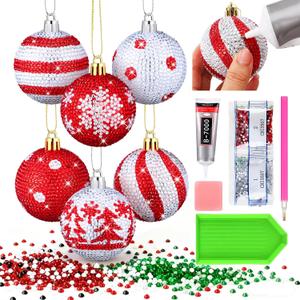 Weysat 6 Pcs 3D Christmas Ball Diamond Painting Ornaments Christmas Diamond Art Set for Adults DIY 1.97" Red and White Xmas Tree Ornament Plastic Hanging Glitter Striped Dot Ball for Tree Party Decor