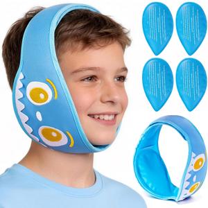 NEWGO Kids Tonsil Recovery Ice Pack, Cute Wisdom Teeth Ice Pack Head Wrap with 4 Reusable Hot & Cold Gel Packs for Wisdom Teeth, Kid-Friendly Gel Ice Wrap for Post-Tonsil and Dental Recovery - Blue