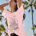 Flafens Oversized Tshirts for Women - Graphic T Shirt Loose Tees Crewneck Sleeve Top Cute Fashion Summer Pattern Print Tops, M, Castle Flower