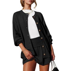 Tankaneo 2 Piece Sweater Sets for Women Long Sleeve Cardigan Outfits Mini Skirts Knit Matching Lounge Set (Black)
