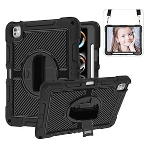 CLARKCAS Case for iPad Pro 13 Inch 2024 M4 (7th Generation), Hard PC Silicone Shockproof Protective with 360°Rotate Stand, Pencil Holder, Handle Shoulder Strap Cover for Model (A2926/ A3007), Black