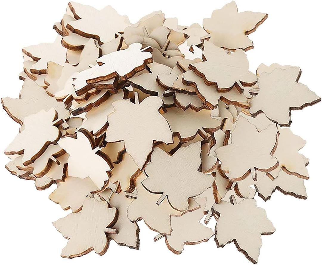 100pcs Mini Maple Leaf Wood DIY Crafts Cutouts Wooden Maple Leaf Shaped Unfinished Wood Ornaments for DIY Projects Thanksgiving Party Decorations