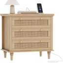 Irontar Rattan Nightstand with Charging Station, 27.6" Wide Bedside Table with 3 Large Drawers, Wooden End Table with Solid Wood Legs for Bedroom, Dorm, Natural BZZ011ME