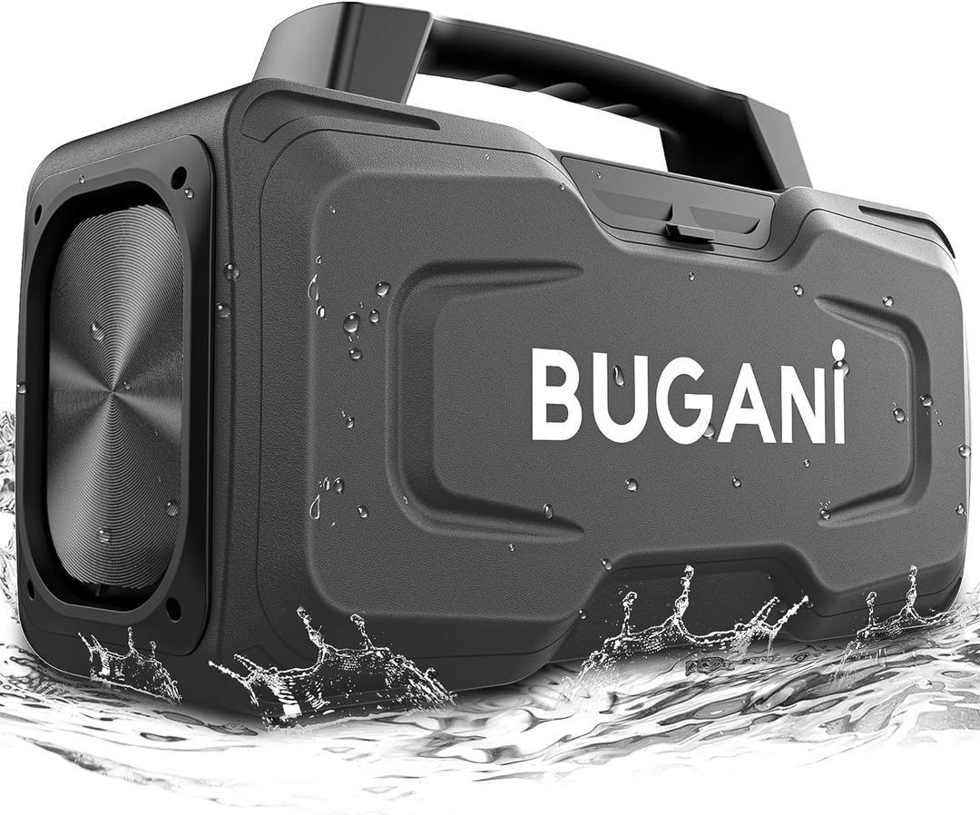BUGANI Bluetooth Speaker, 80W Powerful Portable Wireless Speakers IPX7 Waterproof Speaker, Outdoor Loud Speakers with Handle 24H Playtime, Support Microphone AUX USB Suitable for Party, Pool, Black