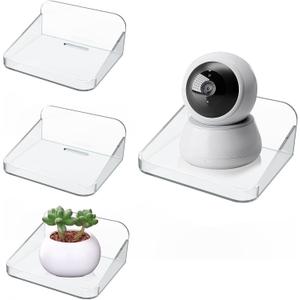 4 PCS Wall Mount Floating Camera Shelf, Baby Monitor Holder Punch-Free Wall Bracket Pet Monitor Camera Indoor, Clear Mini Self-Adhesive Shelf for Speaker and Succulents