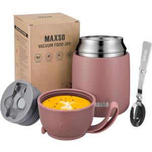Insulated Thermo Food Jar for Hot & Cold Food for Adult, 17 oz Soup Thermal Hot Food Containers for Lunch, Triple Layer Insulation Stainless Steel Food Jar with Spoon (New Pink2)