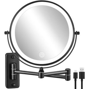 DECLUTTR Rechargeable Wall Mounted Lighted Makeup Mirror, 8 inch 10X Magnifying Mirror with 3 Color Lights, Dimmable Touch Screen Makeup Mirror with Lights for Bathroom, Black