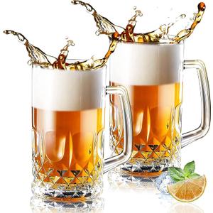 32 Ounces Beer Stein Mugs - 2 Pack Extra Large German Style Clear Tall Beer Glasses for Men - Heavy Duty Thick Glass With Handle
