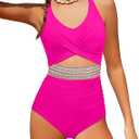 Girls Swimsuit Criss Cross Cutout One Piece Bathing Suit Color Block V Neck Back Tie Swimwear M