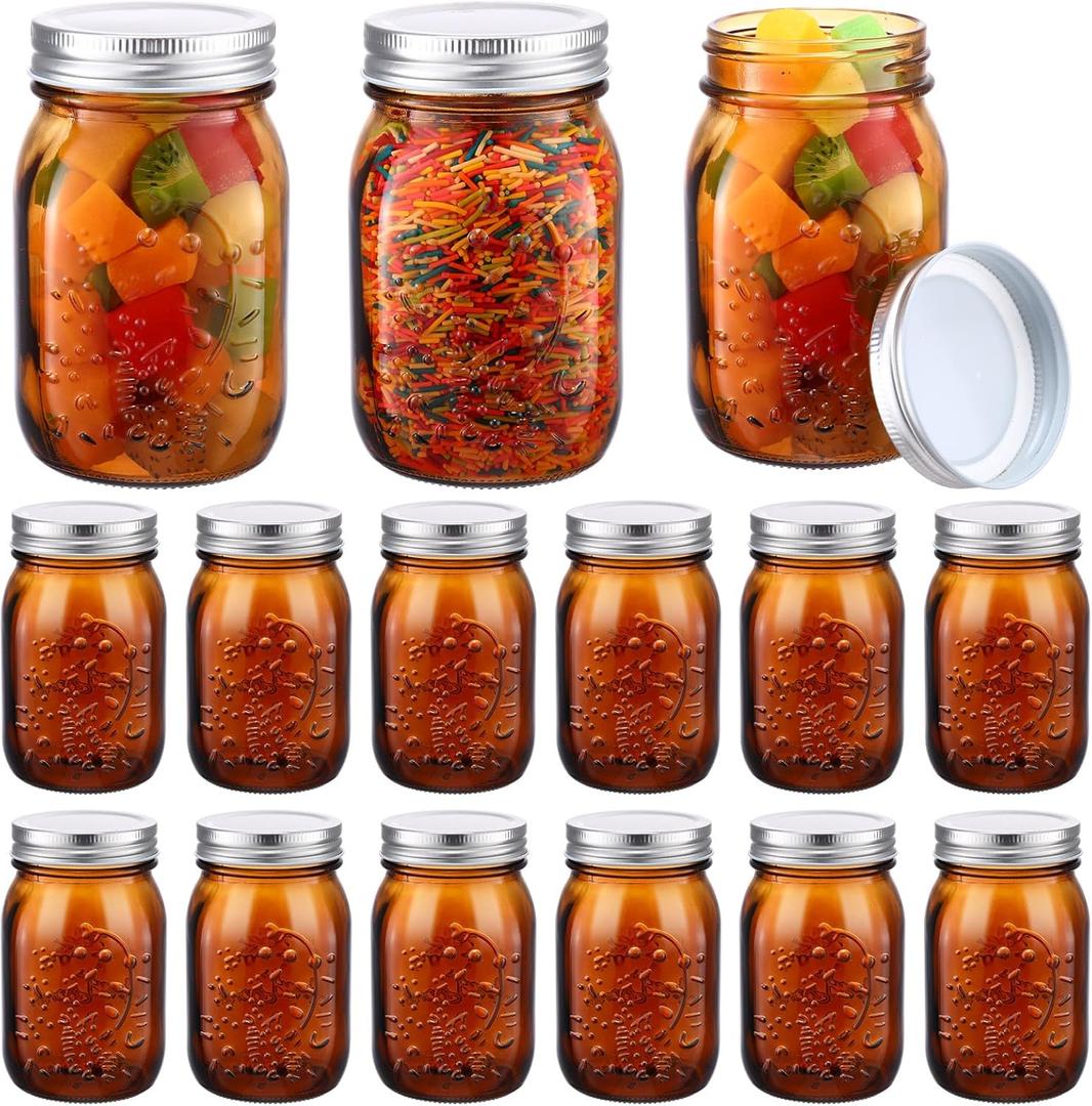 Yaomiao 12 Pack Mason Jars with Lids 16oz Regular Mouth Pint Vintage Canning Jars Centerpieces Bulk Airtight Glass Jar Container for Storage Pickling Fermenting Preserving DIY Crafts (Amber)