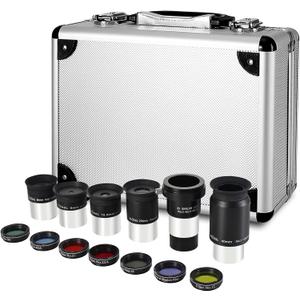 13 Piece Telescope Accessory Kit - 1.25" Telescope Eyepiece and Filter Set with a Sturdy Carry Case - 5pcs Plossl Telescope Eyepieces - 2X Barlow Lens - 7pcs Filters