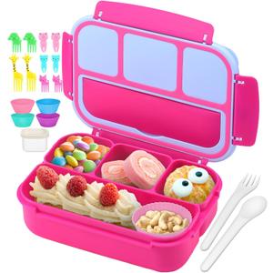 QQKO Bento Box for Kids Adults, School Toddler Lunch Box for Boys Girls, Lunch Box Containers with 4 Compartments, Sauce Container, Utensils, Food Picks and Muffin Cups for School, Pink Blue