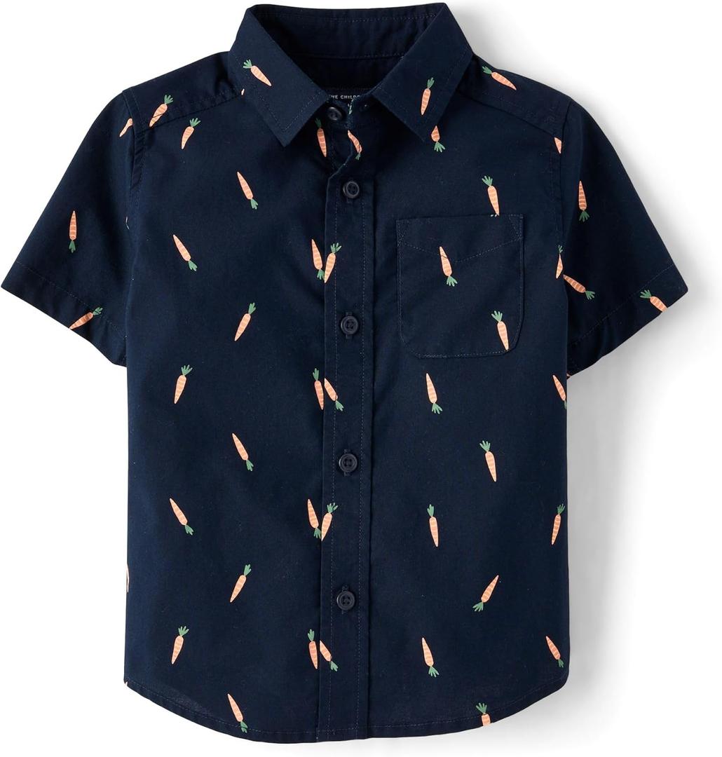 The Children's Place Baby Boys' and Toddler Poplin Short Sleeve Button Down Shirt (3T, Navy Carrots)