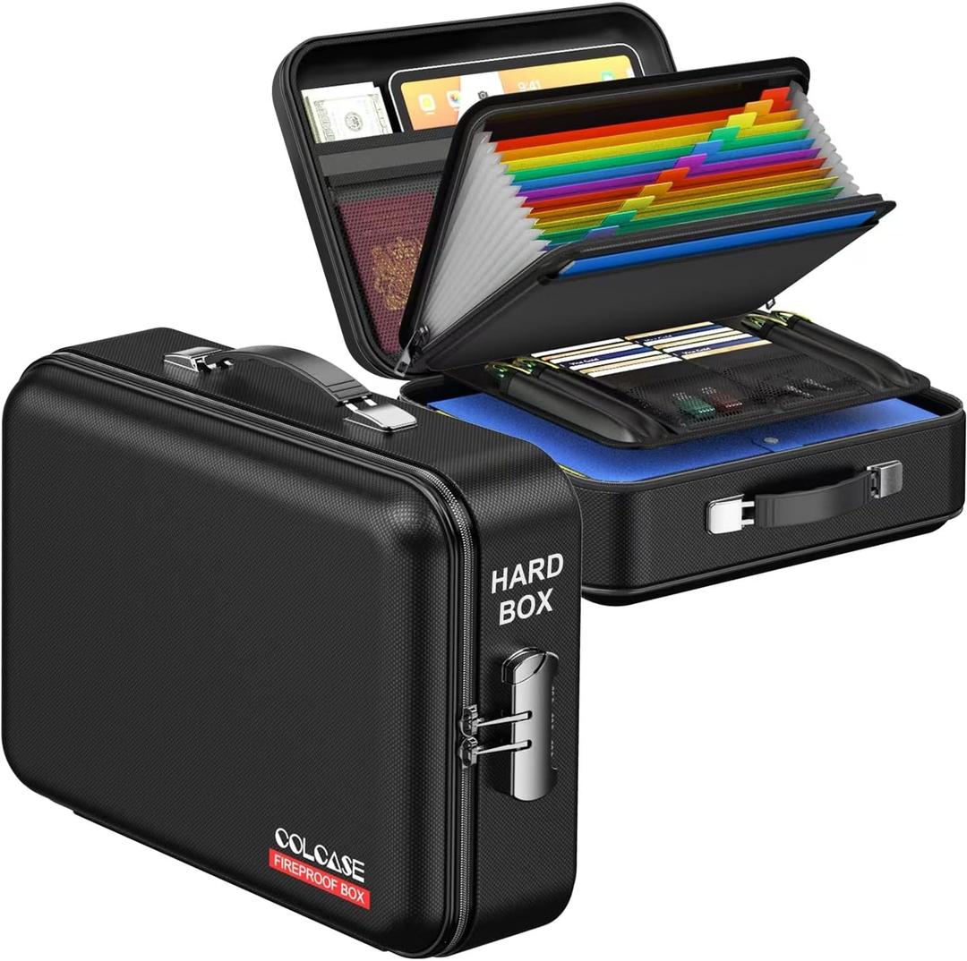 COLCASE Fireproof Document Box with Lock, Hard Fireproof Waterproof Box Creative Hard-Shell Design Fireproof Safe Box Document Organizer for Important Documents Certificates Laptop Passports Black