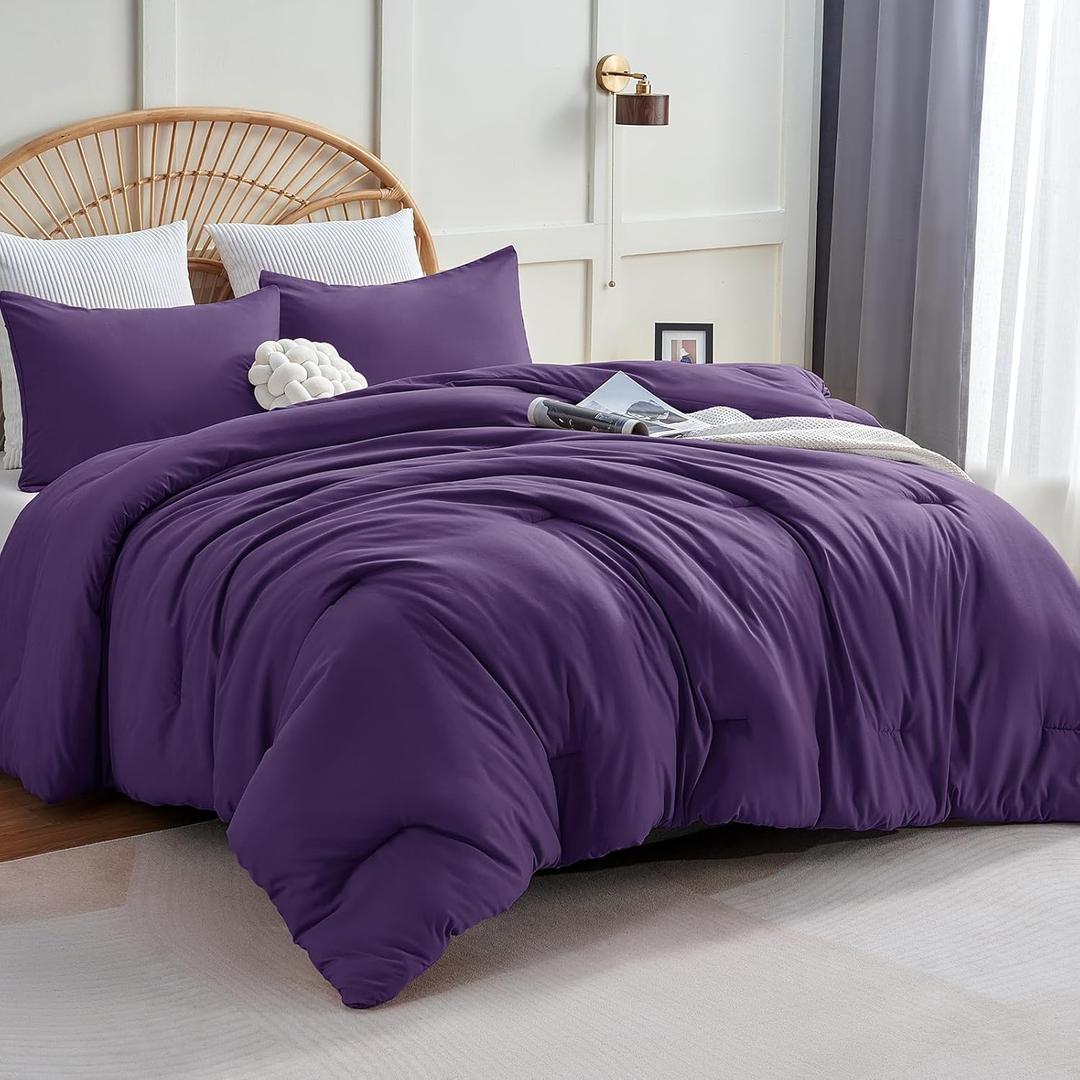 CozyLux Queen Comforter Set Purple, 3 Pieces Solid Comforters Queen Size Breathable Quilted Bedding Sets, Luxury Soft Lightweight Bed Set with Down Alternative Comforter and 2 Pillowcases All Seasons