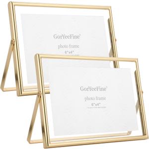 Gold 7x5" Floating Frame(Horizontal) 2pack for picture 3.5x5'', 4x6'', Classy gold Frames Tabletop/Shelf display, elegant Gift Choice for Wedding, Thanksgiving, Christmas,Birthady, Home or Office Decor.