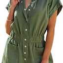 chouyatou Women's Short Cuffed Sleeve Utility Rompers Elastic Waist Button Down Cotton Pocketed Jumpsuit Large