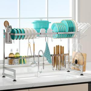 MAJALiS Over Sink Dish Drainer Drying Rack, 2 Tier Stainless Steel Dish Rack Over Sink Sink Length Adjustable (33.5-40 in), Expandable Drainer Shelf Rack with Multifunctional Organizers, Sliver (Silver)