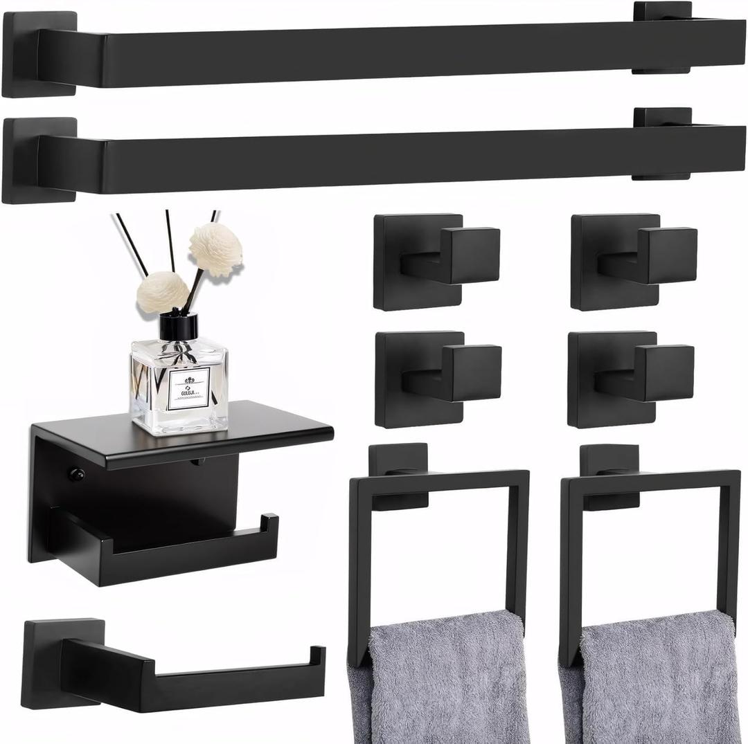 10 Pieces Matte Black Bathroom Accessories Set, Stainless Steel Bathroom Hardware Set, Towel Racks for Bathroom, Wall Mounted 24 Inch Bath Towel Bar Set
