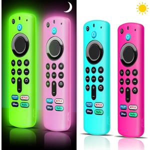 (4 Pack) ONEBOM Silicone TV Remote Case Cover, Anti-Slip Lightweight Silicone Protective Control Case with LanyardGlow Green&Glow Pink&Sky Blue&Rose Red