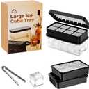 PHINOX Large Ice Cube Tray with Lid and Bin, Ice Trays for Freezer, 2 INCH Whiskey Ice Cubes Mold, 2*8 pcs Square Ice Cube Mold with Tong, Easy to Release, Large Ice Tray for Whiskey Cocktail Bourbon (Black)