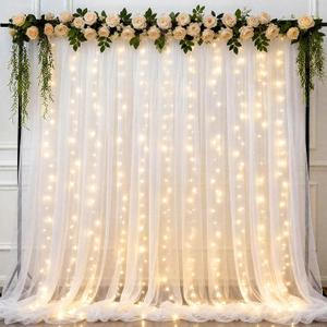 Ledido 108ft White Tulle Backdrop Curtains with Lights String - 300LED Fairy Lights Sheer Curtain Backdrop for Wedding Baby Shower Photo Shoot Birthday Party Decoration(2 Panels 58ft)White