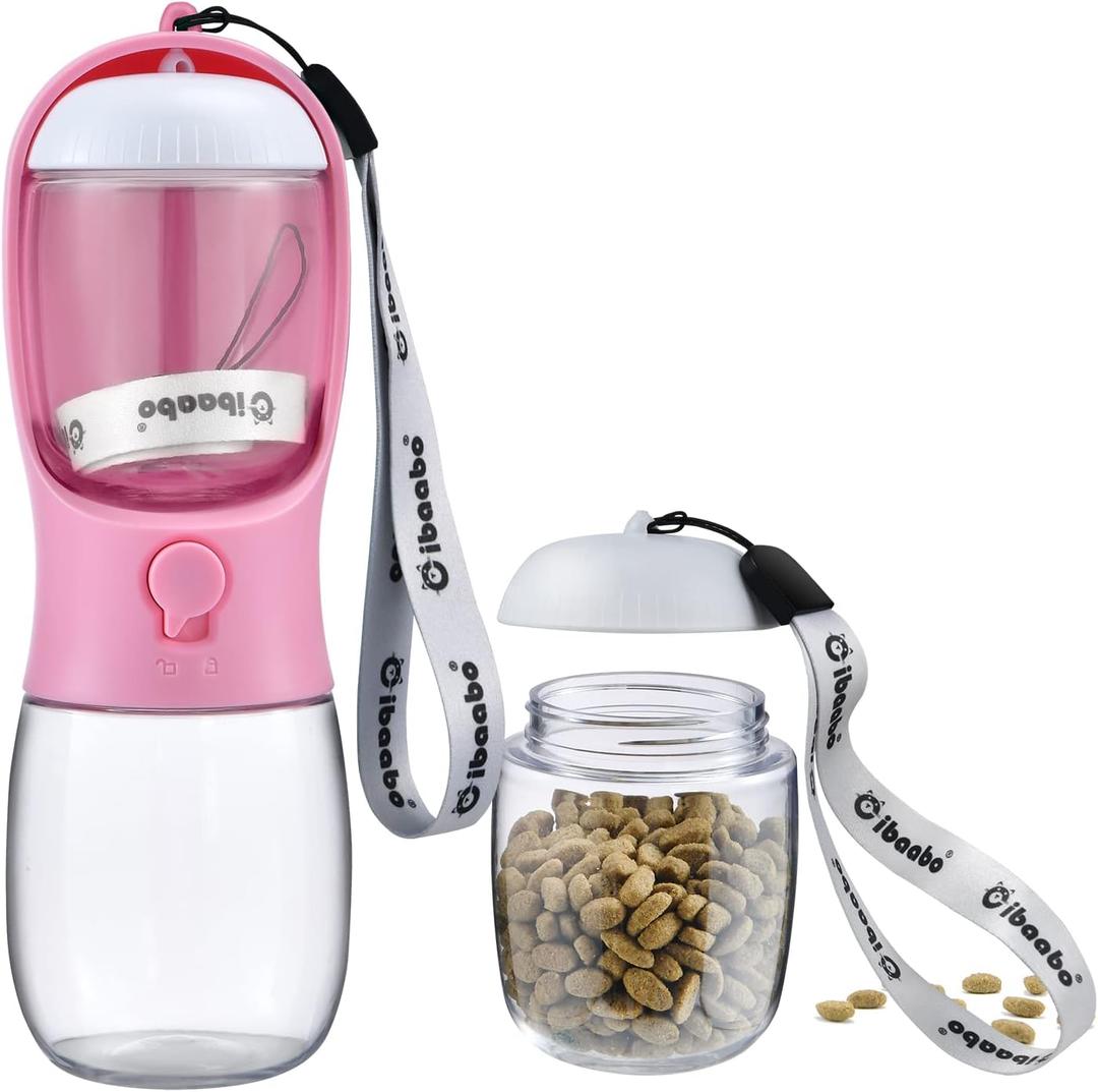 Dog Water Bottle with Food Container, Travel Puppy Water Bowl, Portable Pet Dispenser, Puppy Essentials for Walking and Hiking (10oz, #04 Pink)