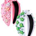 Zeyune 2 Pcs Valentines Day Headbands for Women Valentine Beaded Heart Headband Jeweled Rhinestone Knot Hair Accessories Mardi Gras Outfit for Holiday Gifts(Pink and White)