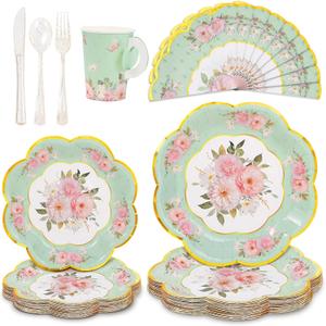 Boosolo Tea Party Supplies Serves 24, Tea Party Plates and Napkins Sets Include Paper Saucers, Teacups with Handles, Tableware for Girl's Birthday, Tea Party Decoration