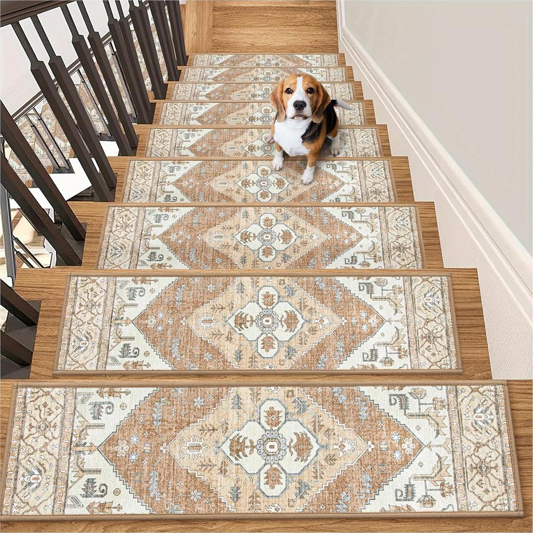 Lahome Stair Treads Non Slip 15 Pack 8" X 30" Stair Treads for Wooden Steps, Washable Self Adhesive Stair Runners Stain Resistant Stair Carpet, Edging Staircase for Kids Elders and Dogs (15pc, Taupe)
