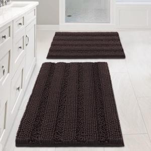 Non Slip Thick Shaggy Chenille Bathroom Rug Mat Set Extra Soft and Absorbent Striped Floor Rugs, 2 Piece, Machine-Washable (Chocolate)