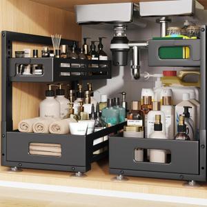 2 Pack 19IN-Depth Under Sink Organizer,Pull Out Cabinet Organizer With Smooth Cylindrical Rail,Metal Slide Out Drawer for Kitchen Bathroom Laundry,8-Level Tool Free Height Adjustable-Black, 2 Pack-19"Dx9.5"-16.7"H