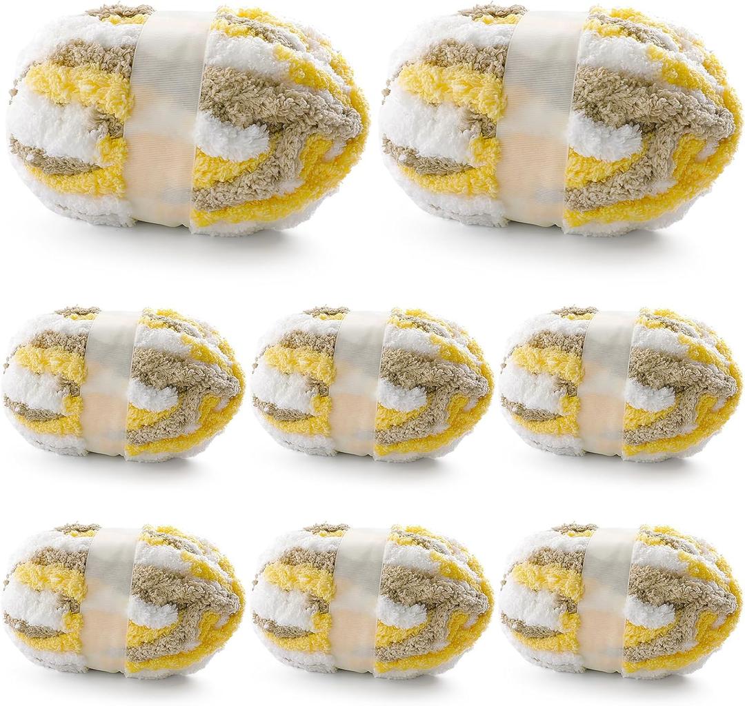 8 Pcs Chunky Yarn for Hand Knitting - Chunky Chenille Yarn for Crocheting - Fluffy Yarn for Crochet - Jumbo Yarn for Hand Knitting 227 yds 61.6 oz of Super Bulky Yarn (Yellow-Grey-White)