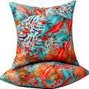 Outdoor Waterproof Pillow Covers Decorative Throw Pillow Covers Summer Blue Red Tropical Leaves Square Couch Covers Garden Farmhouse Cushion Cases 16x16 Set of 2 for Patio Tent Balcony Furniture Sofa