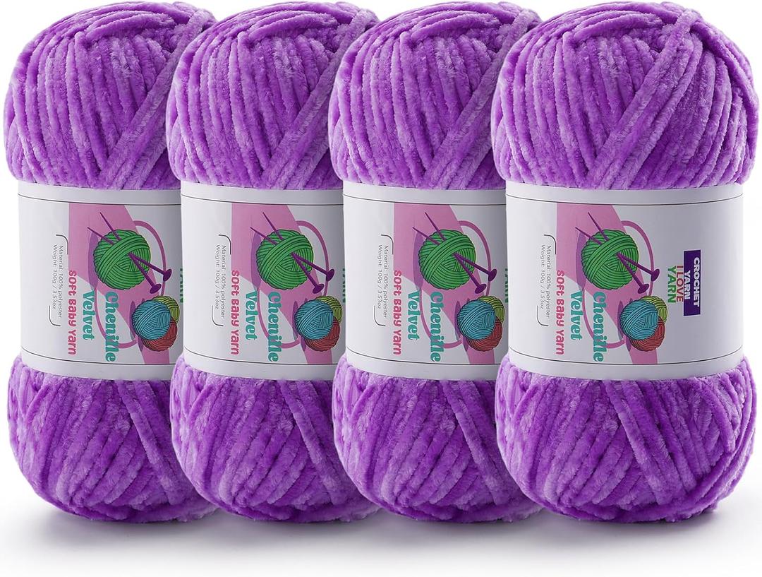 4 Skeins Soft Chunky Chenille Yarn, Plush Velvet Yarn for Hand Knitting and Crocheting, Fluffy Yarn for Crochet Blankets, Scarves, Hats43.5oz, 4131.2yds (Purple)