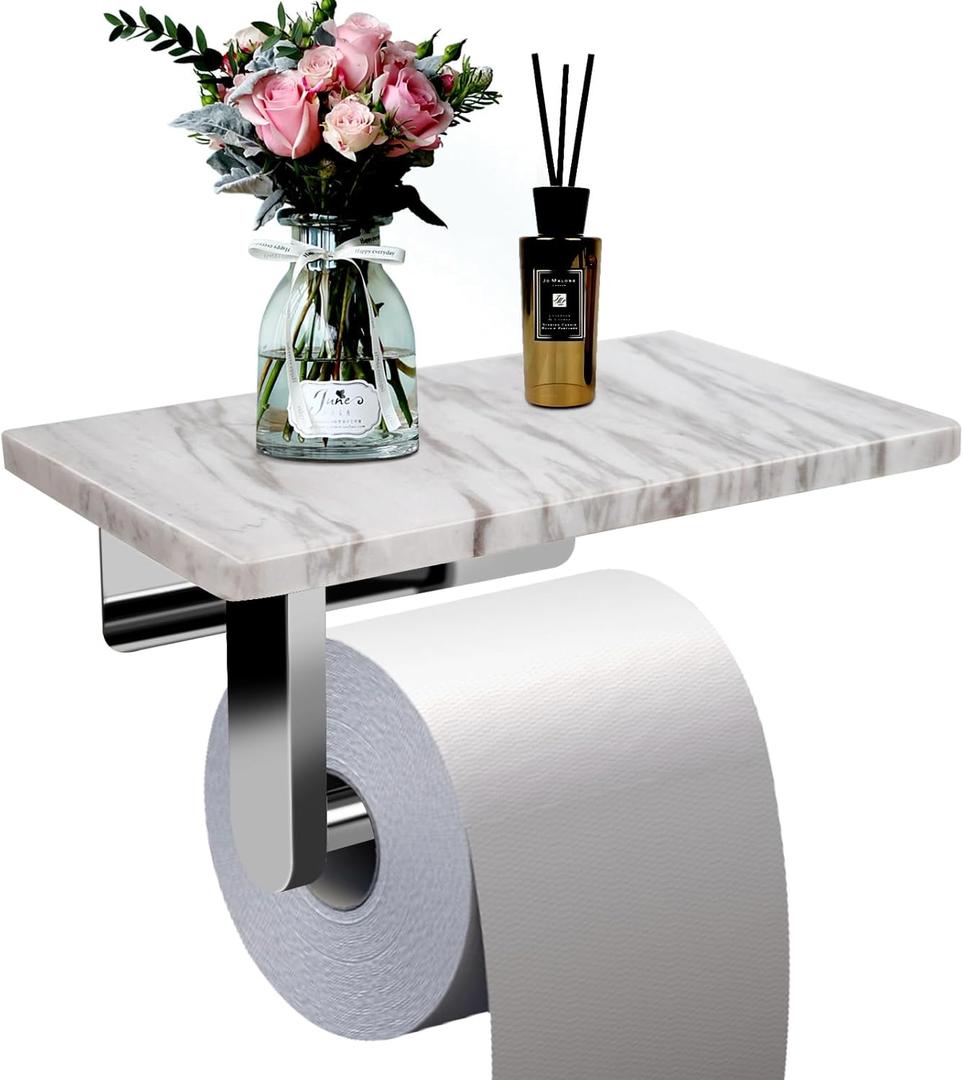 Toilet Paper Holder with Natural Marble Shelf for Bathroom Washroom,Wall Mounted Tissue Holder Suitable for Mega Roll (Brushed Nickel, Middle 7.87 * 4.72 in)